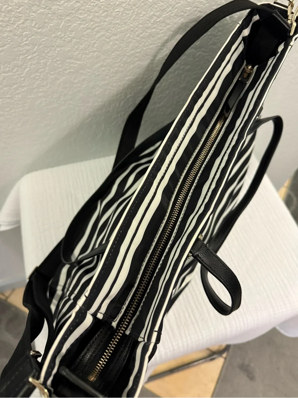 Kate Spade New York Black White Stripe Nylon Diaper Bag + Changing Pad